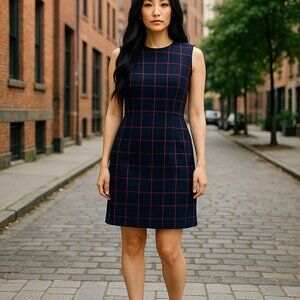 Ann Taylor Size 4 Dress Sleeveless Lined Tailored Plaid Navy Blue Red